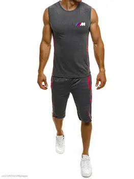 

2020 Men's Spring Summer Sports Vest+shorts Suit 2Pc Tracksuit Casual Slim Sleeveless for bmw Vest & shorts riding Suit