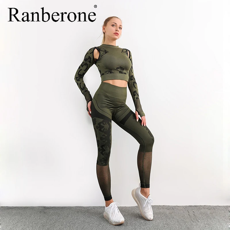 

Ranberone 2 Piece Yoga Sets Sport Fitness Seamless Workout Clothes Gym Women Hollow Out Patchwork Women's Tracksuit 2020