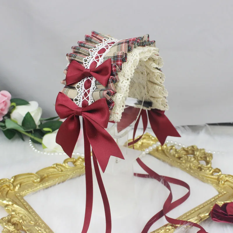 Hairband Японская ручная работа Милая Красная Шапочка Лолита винно-красная клетчатая Милая повязка для волос с бантом бархатная боковая заколка Ожерелье косплей - Цвет: Hairband
