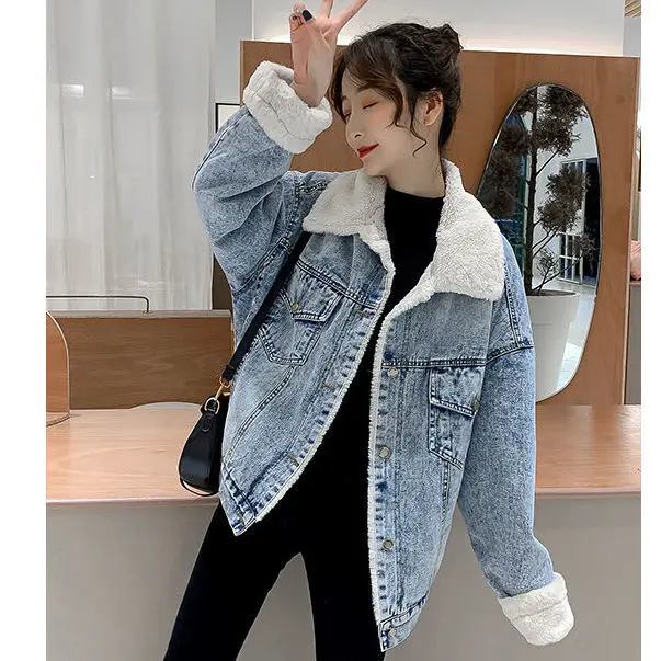 

Casual Denim Jacket Women Lamb Wool Jackets Short Jean Coat Thick Warm Outerwear Female Fashion Loose Winter Jacket High quality