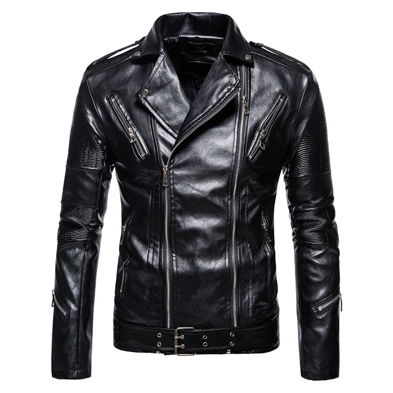 slim fit leather jacket 2020 New Fashion Men Leather Jackets Coats Multi Zippers Patchwork Motorcycle Leather Jacket Men Slim Fit Punk Jacket black leather jacket mens