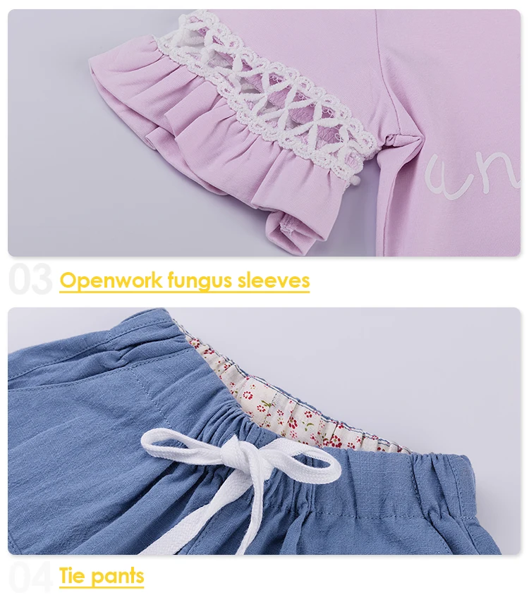 Children Girls Clothes Shops Online 2 Piece Hollow Lotus Sleeve Matching Top And Shorts Outfit For Girls