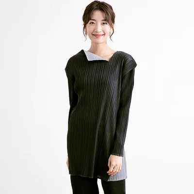 Ruffled long sleeve elastic new style thicker style Miyake small crowd design sense T-shirt free shipping - Цвет: Черный