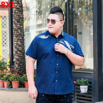 

Summer thin men's plus size XL business shirt short sleeve youth blue pattern tide 8XL 7XL 6XL