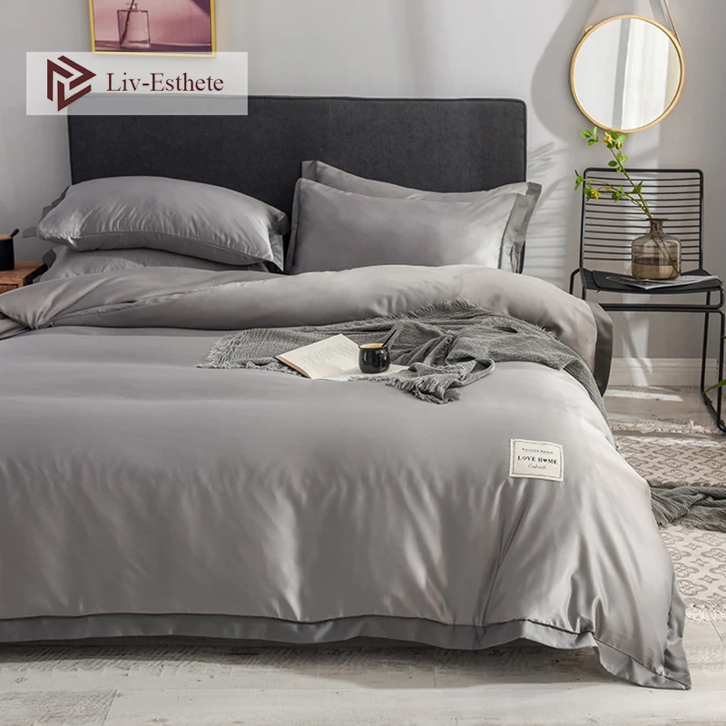 Liv-Esthete Luxury Silk Gray Bedding Set Love Home Silky Duvet Cover Flat Sheet Bed Linen Set Double Queen King Bedclothes