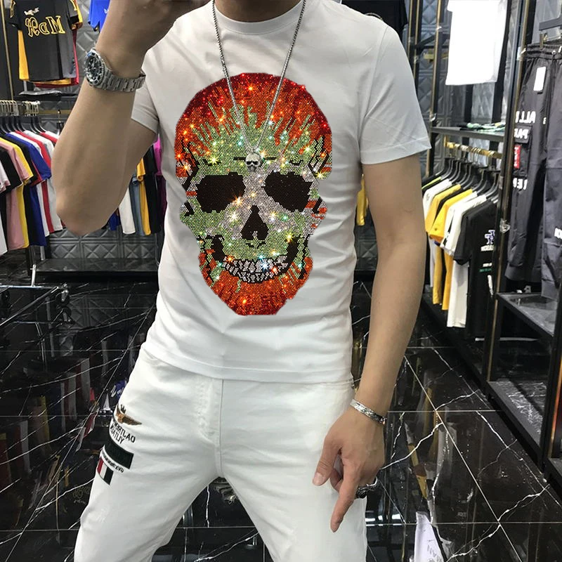 New Men Luxury Rhinestones Gothic Fashion Skull Black White T