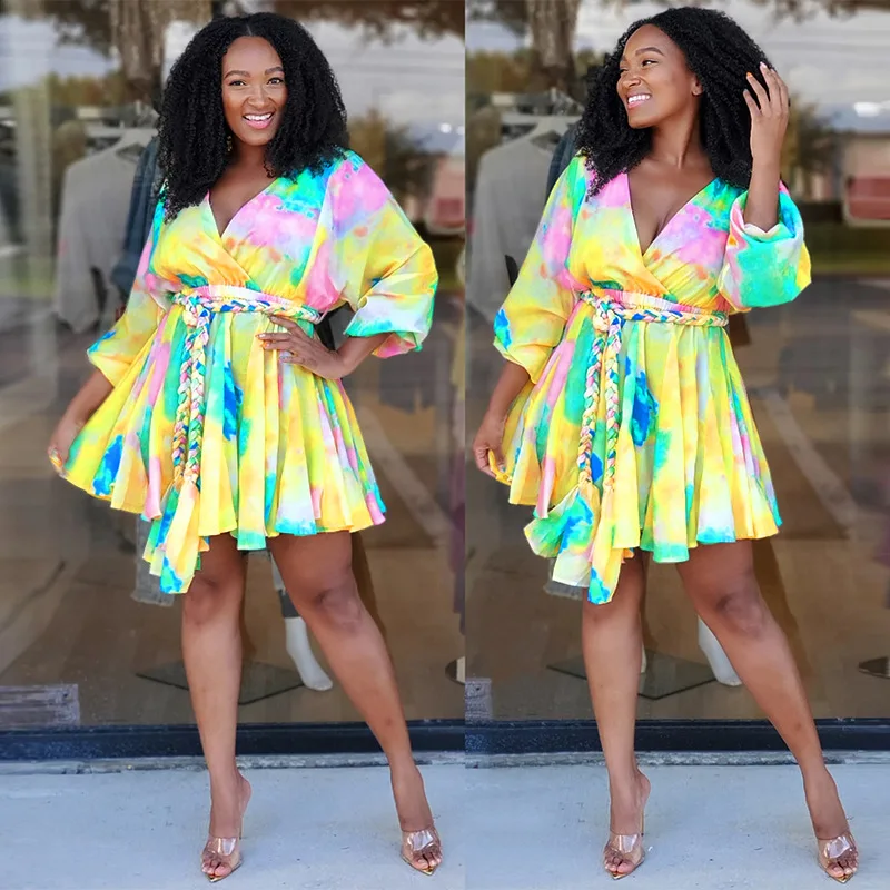 Plus Size S-5XL Dress Women Spring Clothes Casual Print V Neck Long Sleeve Mini Dresses with Sashes Beach Wholesale Dropshpping