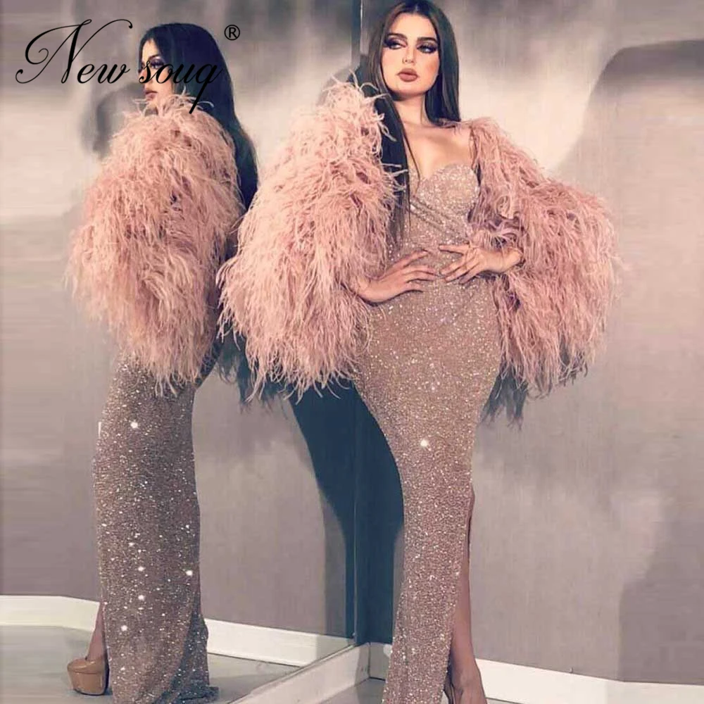 Coral Bling Formal Evening Dresses Robe De Soiree 2020 Off the Shoulder Dubai Arabic Party Night Sheath Feather Prom Dress Aibye | Свадьбы и