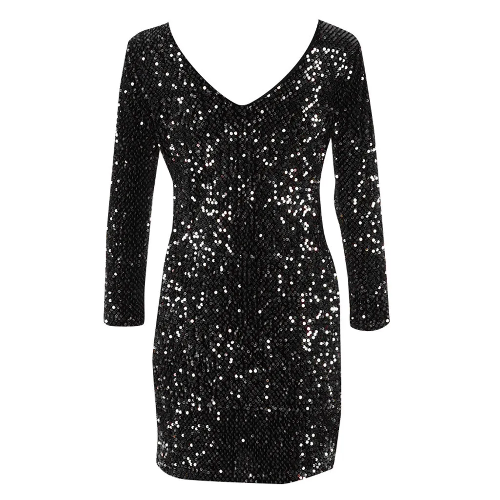 Ropa mujer vestidos, женское платье большого размера, рождественское платье с v-образным вырезом на спине, с длинным рукавом, стрейчевое, с блестками, облегающее, вечерние, зимнее платье sukienki