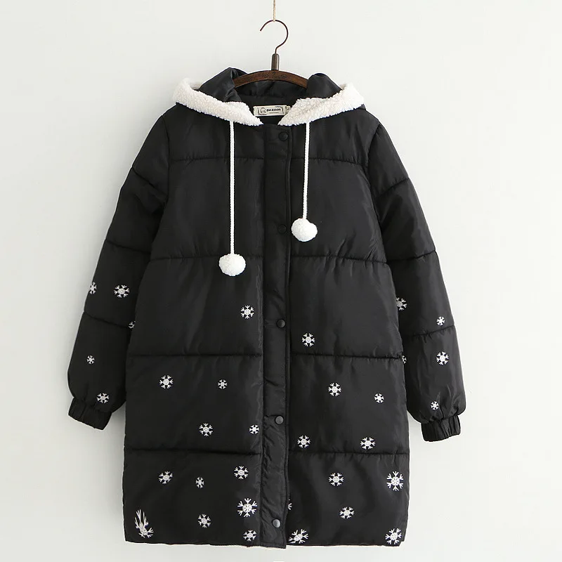 

Winter New Style Sweet Snowflake Printed Cotton Coat Women's Mid-length Thick Hooded Furry Ball Cotton Overcoat S25482