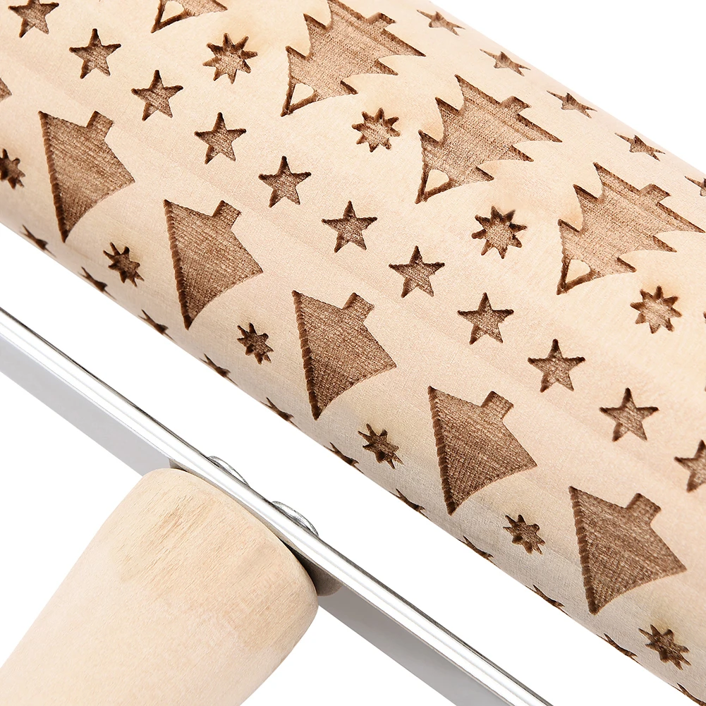 Christmas Wooden Elk Tree Snowflake Engraved Rolling Pin Embossing Dough Roller Holiday Baking Supplies