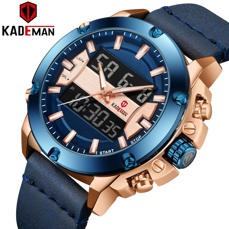 

KADEMAN Military Sport Men Watch Luxury Brand TOP Quality LED Quartz Watch 2020 New Casual Leather Male Wristwatch Digital Clock
