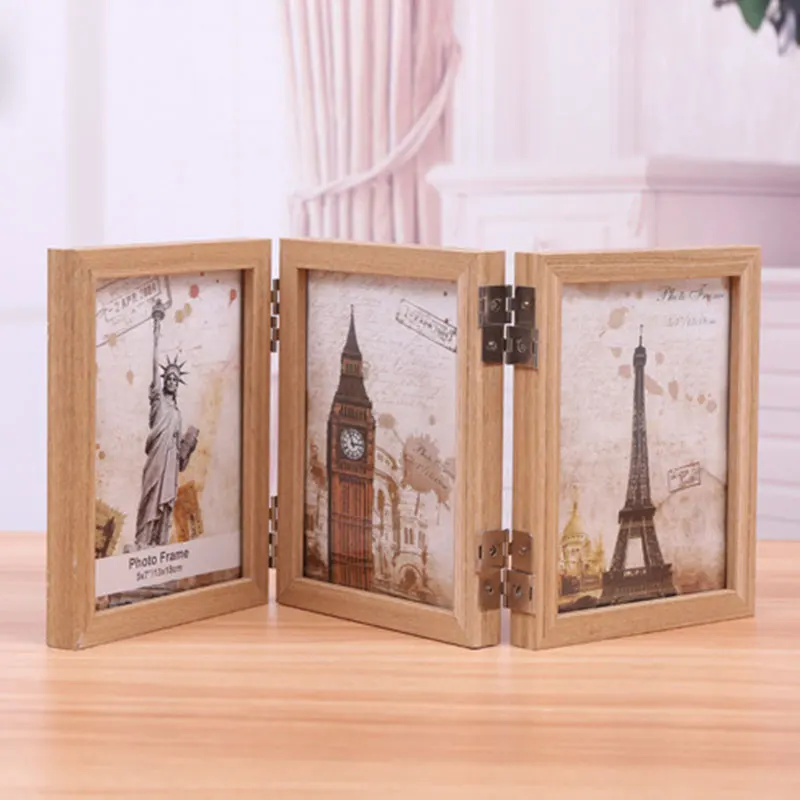 Tri-fold Wooden Photo Frame Folding Retro Tabletop Decoration for Home Office@LS