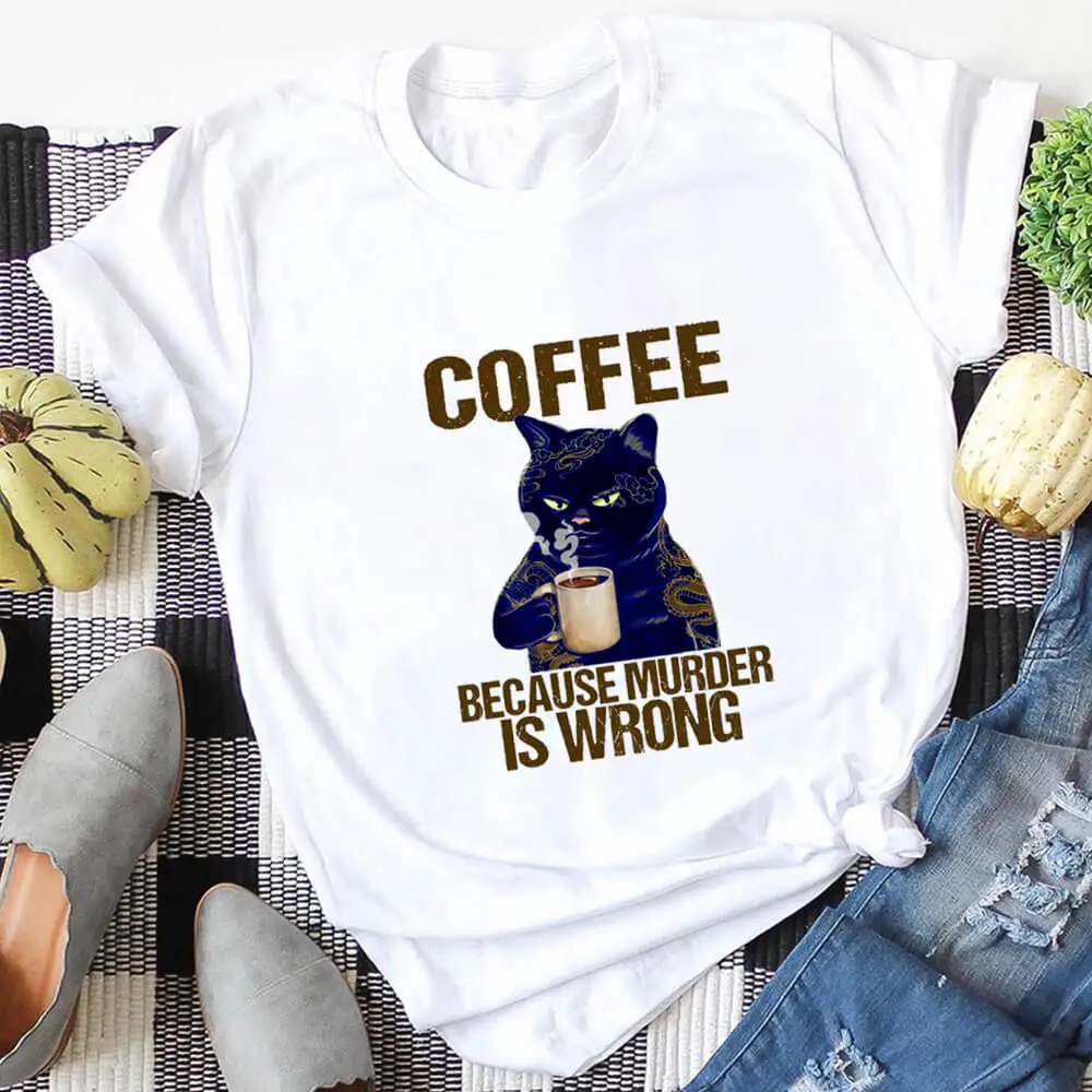 Camiseta de algodón con estampado de gato y café para mujer, blusa informal de manga corta con cuello redondo, regalo para amantes del café, 100%
