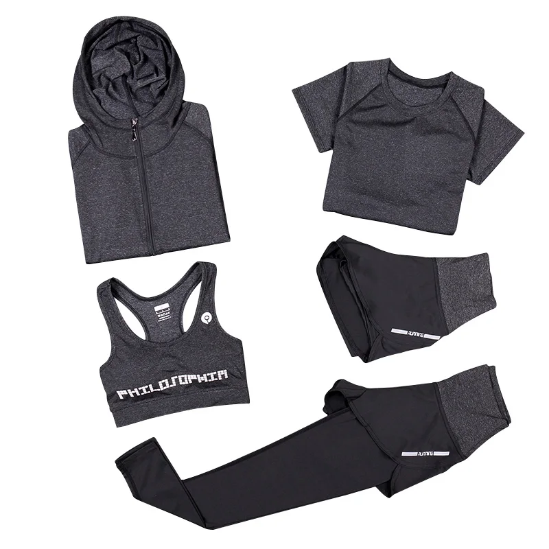 Dark gray 5 5 шт., женские комплекты для йоги, одежда для спортзала, с капюшоном, для улицы, для бега, для фитнеса, спортивный, быстро сохнет, женский спортивный комплект, Ropa Deportiva Mujer - Color: Dark gray 5