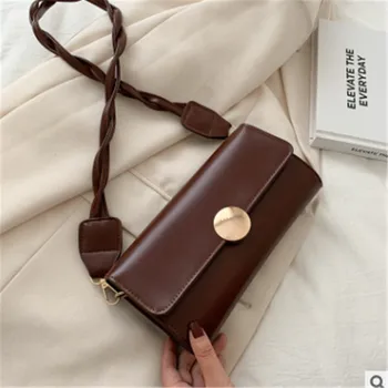 

2020 fashion vintage Women's Leather Crossbody Bags Retro Elegant Small Shoulder Bag with Braided Strap Round Buckle black
