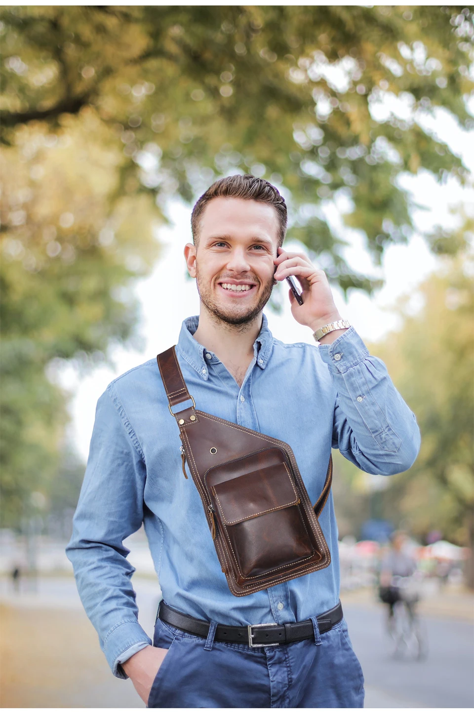 2021 Thick Real Leather Men Unique Travel Triangle Chest Sling Bag Design 8