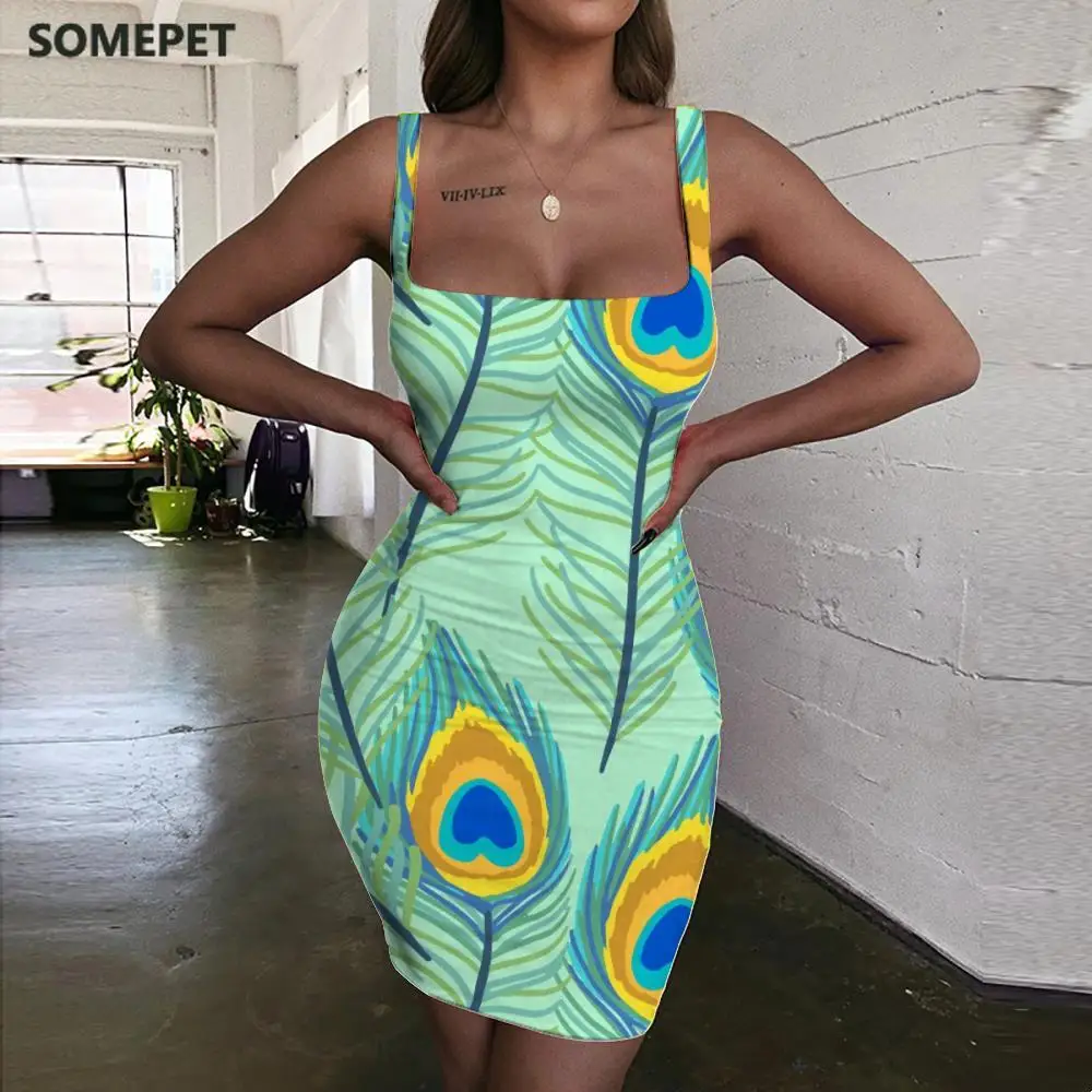 

SOMEPET Feather Dress Women Painting Vestido Sexy Art Bodycon Dress Novel Halter Sleeveless Womens Clothing Party Vintage Beach