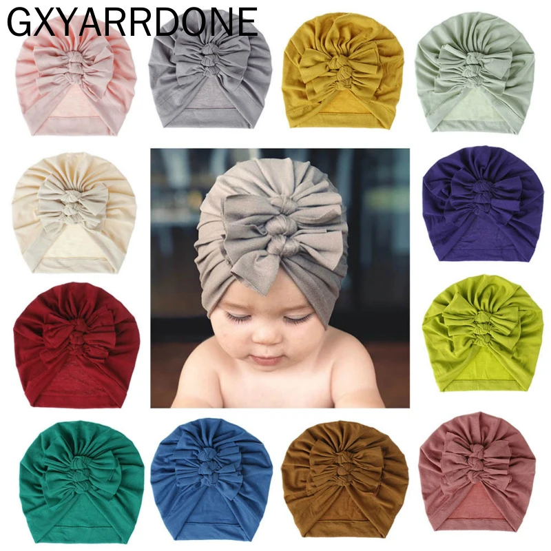 

2021 Baby Cotton Turban Top Knot Hat Toddler Kids Boy Girl India Beanie Cap Newborn Three Bows Photography Props Accessories