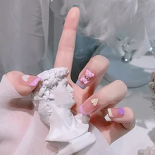 

24pcs Heart Printed Full Cover False Nails with Glue 3D Bear Design Short Paragraph Fashion Artificial Nails Hand Drawn Style
