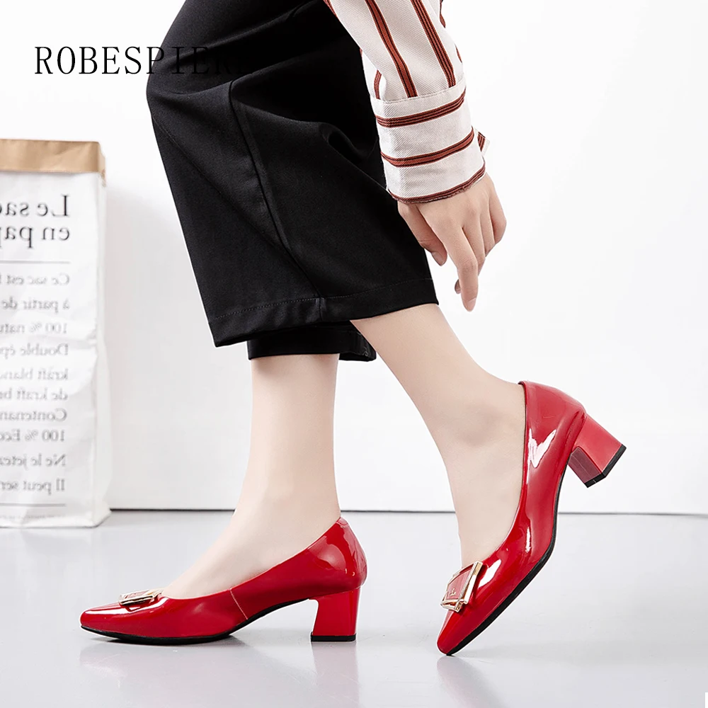 

ROBESPIERE Women Pointed Toe Pumps Patent Leather Dress Red 4.5CM Thick Heel Boat Shoes Shallow Wedding Shoes Zapatos Mujer A80