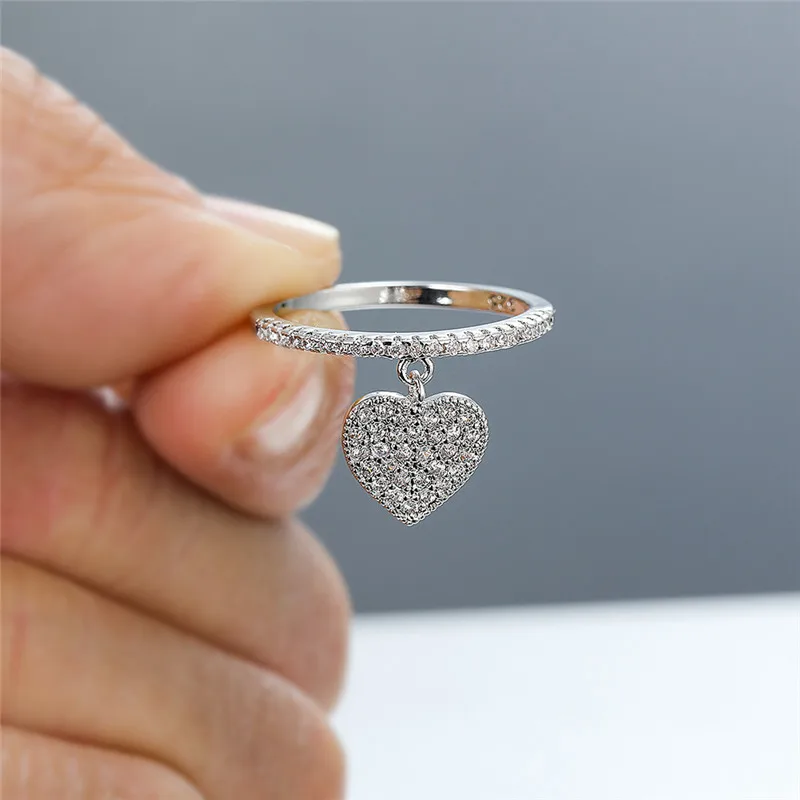 Cute Heart Pendant White Zircon Rings For Women Yellow Gold/White Gold/Rose Gold Engagement Promise Ring Female Wedding Jewelry