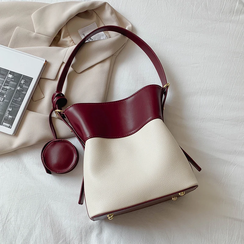 

Small PU Contrast Color Leather Bucket Bags for Women 2021 Vintage Crossbody Handbags Women's Trend Hand Bags