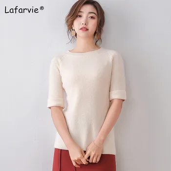 

Lafarvie Wool sweater crop tops O neck Half Sleeve ropa mujer 2020 pullover pull up oversize women fashion blue knitted sweater