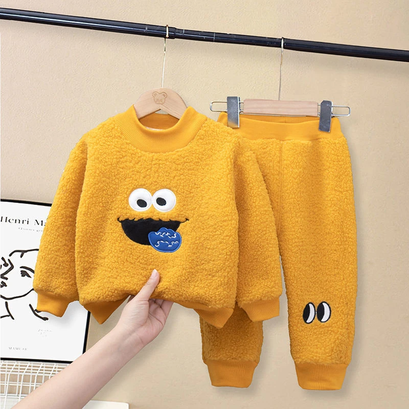 clothing sets beach	 Autumn Winter Kids Clothes Set Cartoon Print Plus Velvet Thickening Boy And Girl Clothes+Pants 2 And 3-Layer Thick 2-Piece Suit exercise clothing sets	