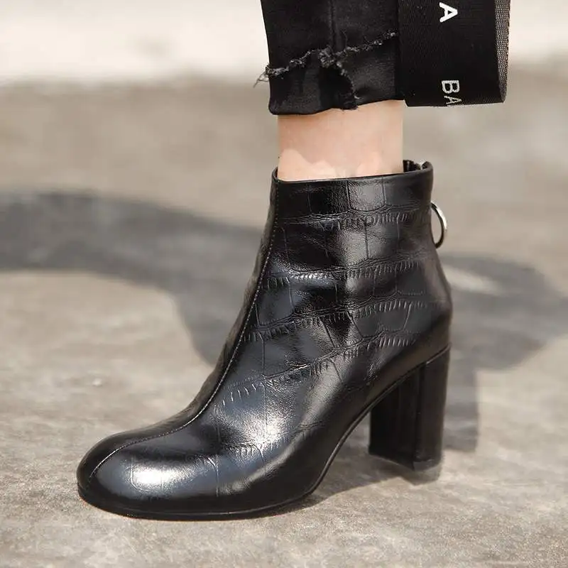 krazing pot print genuine leather round toe high heels Zipper office lady simple style winter keep warm fashion ankle boots L75
