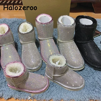 

Winter Kids Snow Boots Baby Girls Rhinestone Ankle Boots Children Black Brand Shoes Toddler Genuine Leather Shoes Warm Shoes New