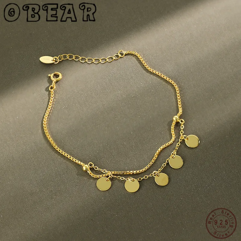 

OBEAR 925 Sterling Silver Box Chain Round Disc Charm Bracelets for Women Fashion Simple Silver Jewelry Gift