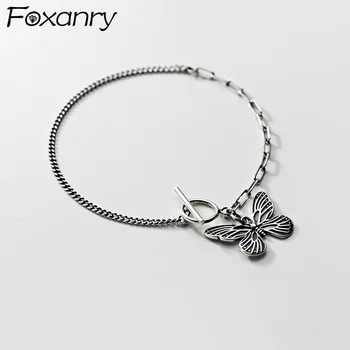 

Foxanry 925 Sterling Silver Butterfly Pendant Bracelet for Women Vintage Simple Chian Bracelet Elegant Birthday Party Jewelry