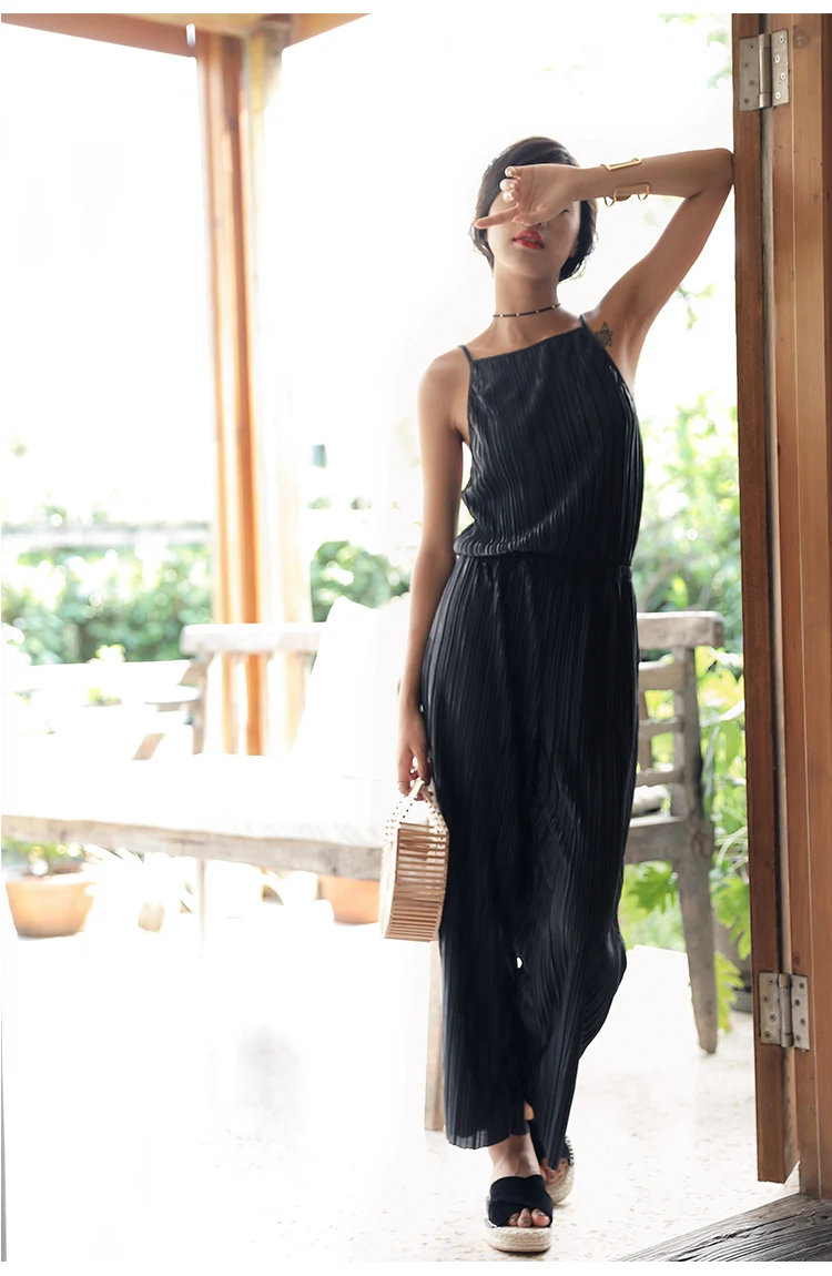 Originally created summer vacation suspender pants one-piece long pants loose straight-barrel pants 9 points dark Europea MIYAKE