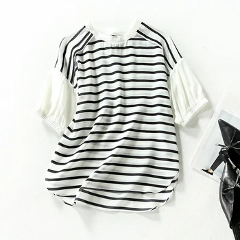 

100% Natural Silk Casual Women Shirt Blouse 2020 Summer O-neck Striped Patchwork Real Silk Loose Female Tops Blouses White Black