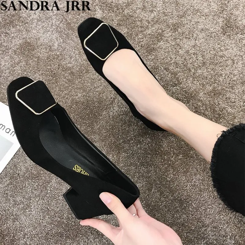 

SANDRA JRR 2020 Spring Leather Pumps Square Toe Square Heel Slip On Casual Office Lady Work Shoes Mid Heel 5.5 cm