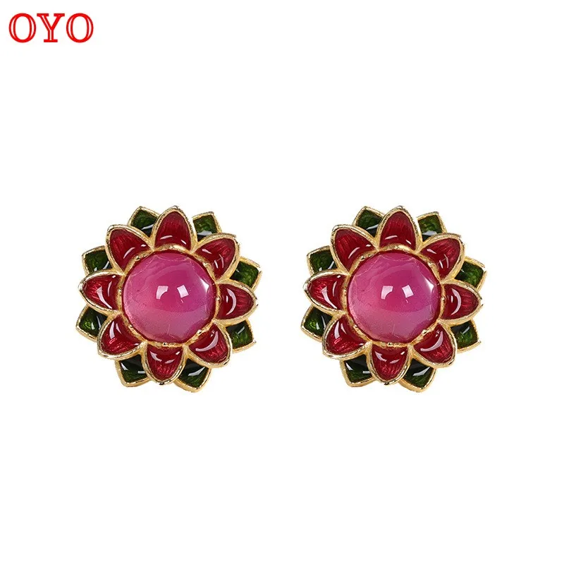 

100% s925 silver gold-plated red corundum lotus flower fashion retro women's earrings