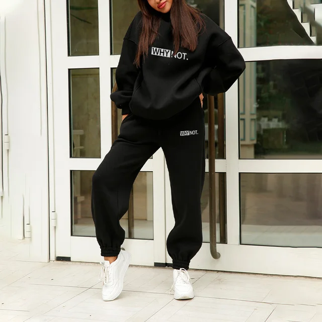 Two Piece Set Casual Fleece Tracksuit Women Winter 2021 Women's Sets Oversized Hooded Long Sleeve Hoodie Sport Pants Lady Suit 03 Black Print