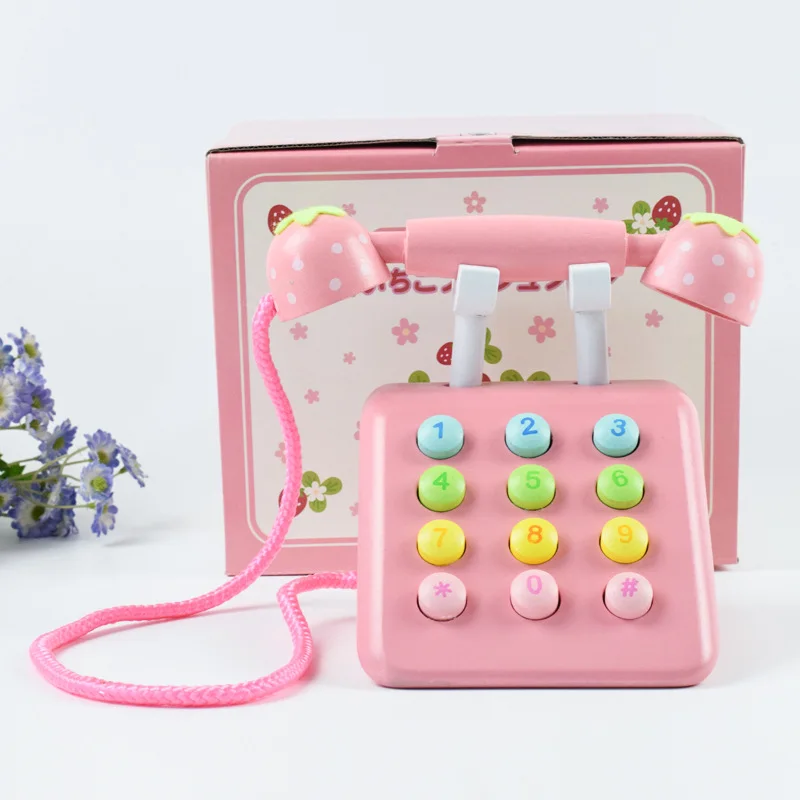 

Baby Strawberry Simulation Wooden Phone Toy Children Educational Gift Miniature Telephone accessories Pretend Play toys