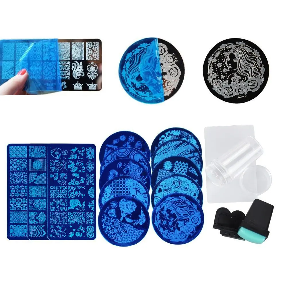 13Pcs Lace Rose Flower Forest Image Nail Plates+ 2 Stamper Scraper Set Nail Art Stamping Plate Nail Art Tools