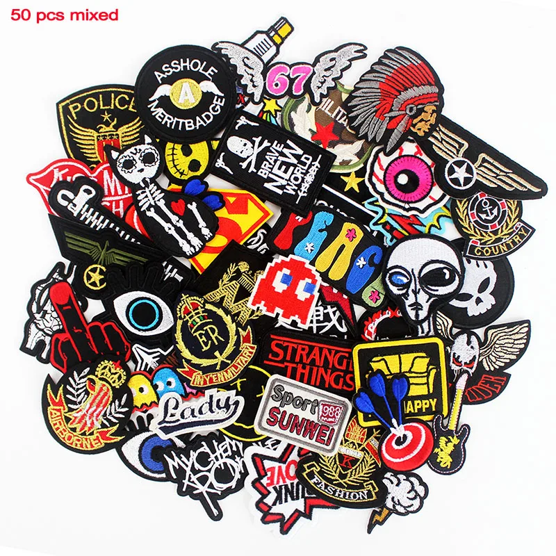 

50 Pcs Mixed Cloth Patches Iron on Badges Hippie Embroidered Stickers Stripes Jacket Jeans T-Shirt DIY Applique Wholesale