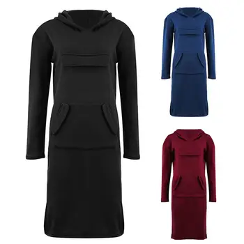 

Solid Color Women Long Sleeve Hooded Sweatshirt Hoodie Midi Dress with Pocket