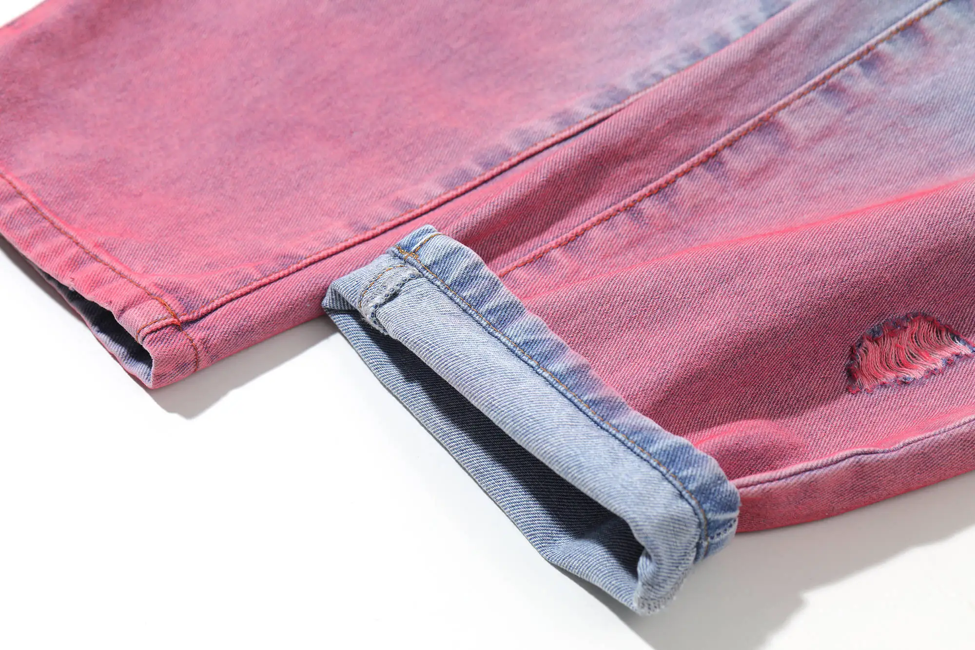 ELFSACK Pink Gradient High Waist Washed Casual Women Denim Jeans,2020 Autumn ELF Ripped Hole Korean Female Daily Basic Trousers