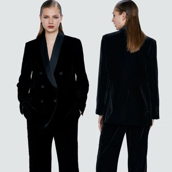 

ZA Spring Velvet Women's Black Blazer Lapel Long Sleeve Front Flap Pockets Back Hem Split Double Breasted Blazer
