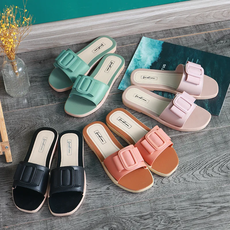 

New Slippers Female Summer Side Buckle Plastic Slippers Female Student Dormitory Flat Indoor and Outdoor Wear Sandals Shoes