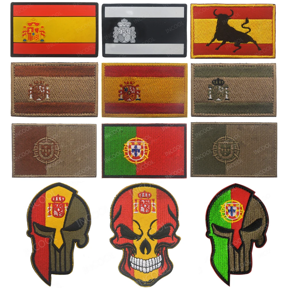 3D вышитые нашивки, флаг Испании, Португалия, Череп, армейский военный боевой дух, нашивки, эмблема, испанские флаги, резиновые, ПВХ, вышитые значки