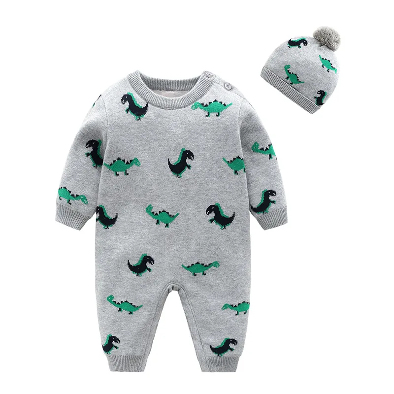 

Autumn And Winter New Style Male Baby Cute Gray Dinosaur plus Velvet Romper Pure Cotton Long Sleeve Double Layer Thick Crawling