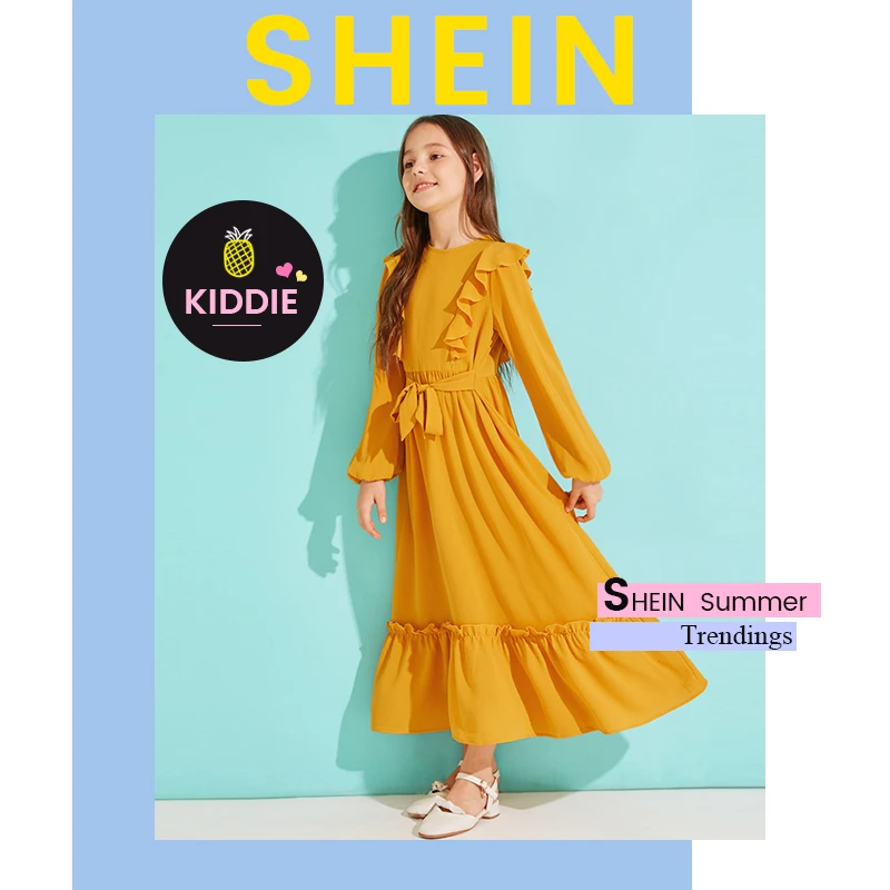 SHEIN Kiddie/однотонное платье с оборками на подоле для девочек с поясом; коллекция года; сезон осень; милые детские макси платья с высокой талией на молнии сзади