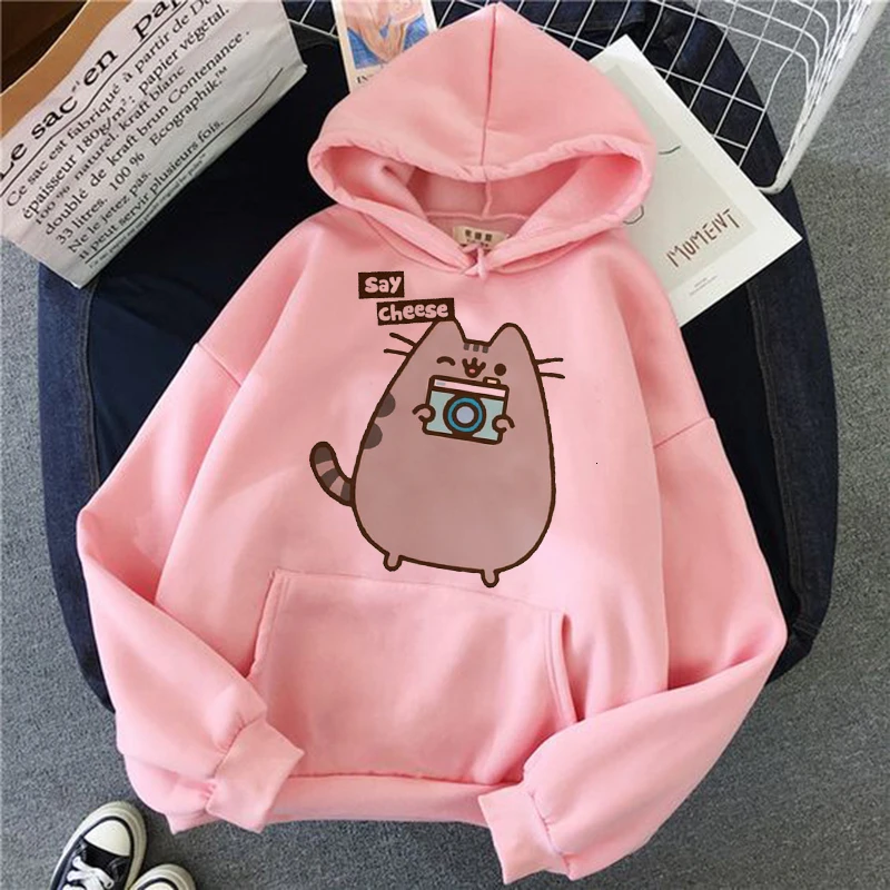 Толстовка с котом, женская мода, kawaii, корейский стиль, harajuku, толстовка, розовая, женская, 90 s, мультяшная одежда, Женский капюшон, негабаритный