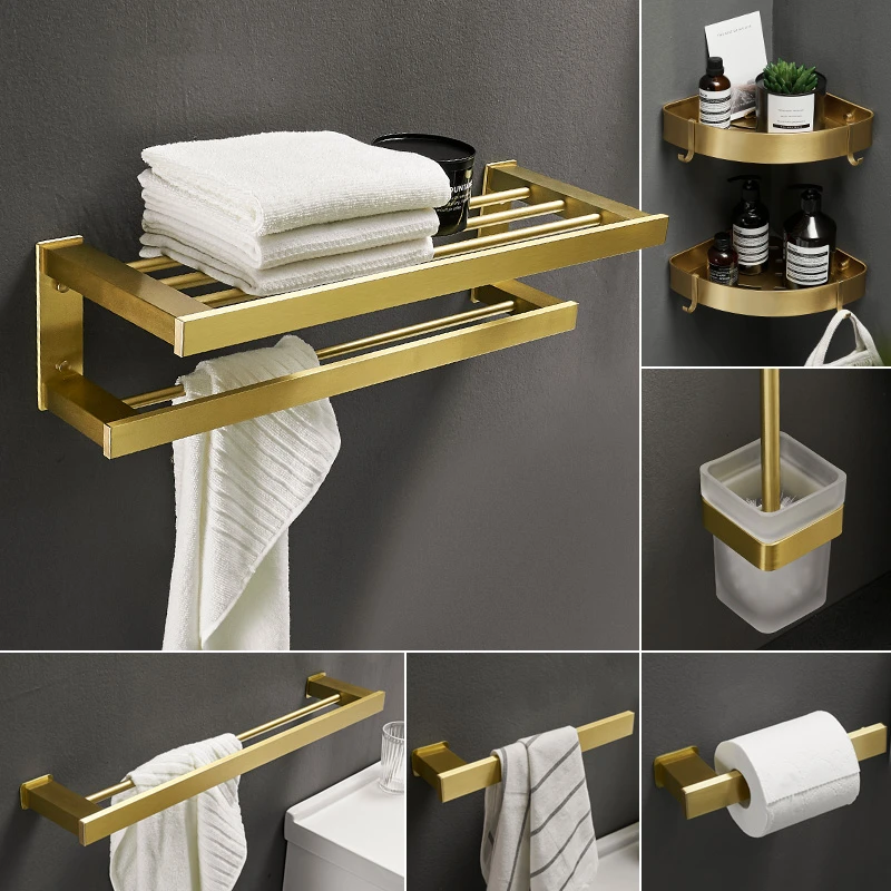 Luxury Space Aluminum Bathroom Accessories Set Gold Brushed Towel Shelf